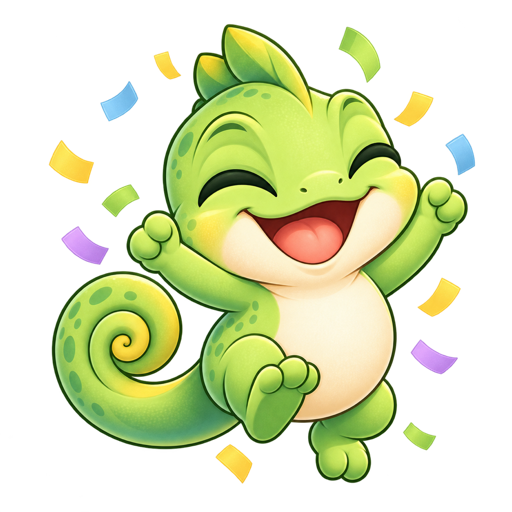 Pip the chameleon celebrating on top of four puzzle tiles