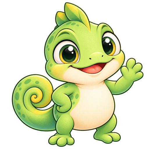 Pip, a friendly green chameleon, waving hello